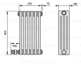 Схема (чертеж) Радиатор Zehnder Charleston 4090/6 №V004 Белый глянцевый RAL 9016